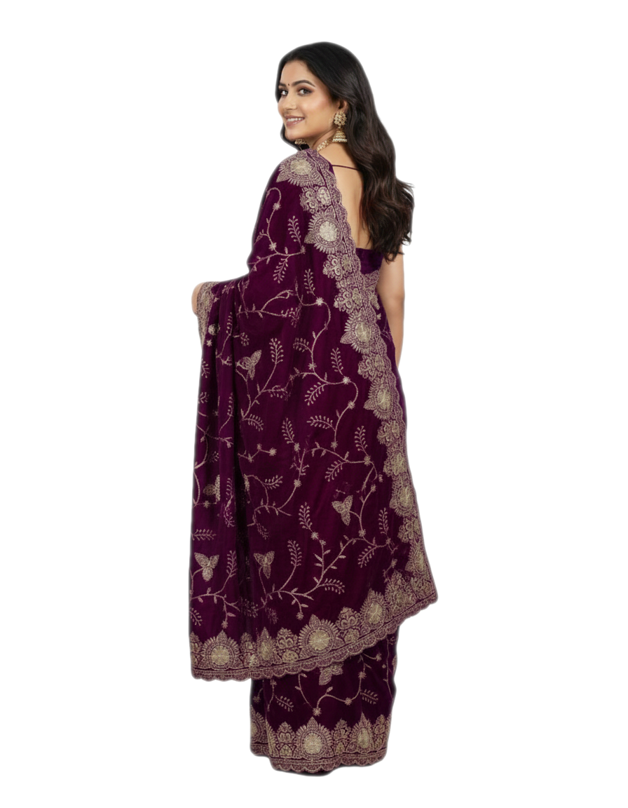 Jwalamukhi Silk Premium Saree in Purple with Gold Zari Border & Floral Design – Elegant Traditional Wear