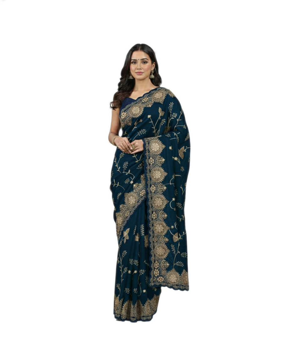 Jwalamukhi Silk Premium Saree in Teal Blue with Gold Zari Border & Floral Design – Elegant Traditional Wear