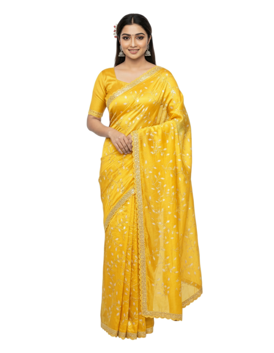 Apsara Silk Premium Saree in Yellow with Gold Leaf Motifs & Scalloped Border – Elegant Traditional Wear