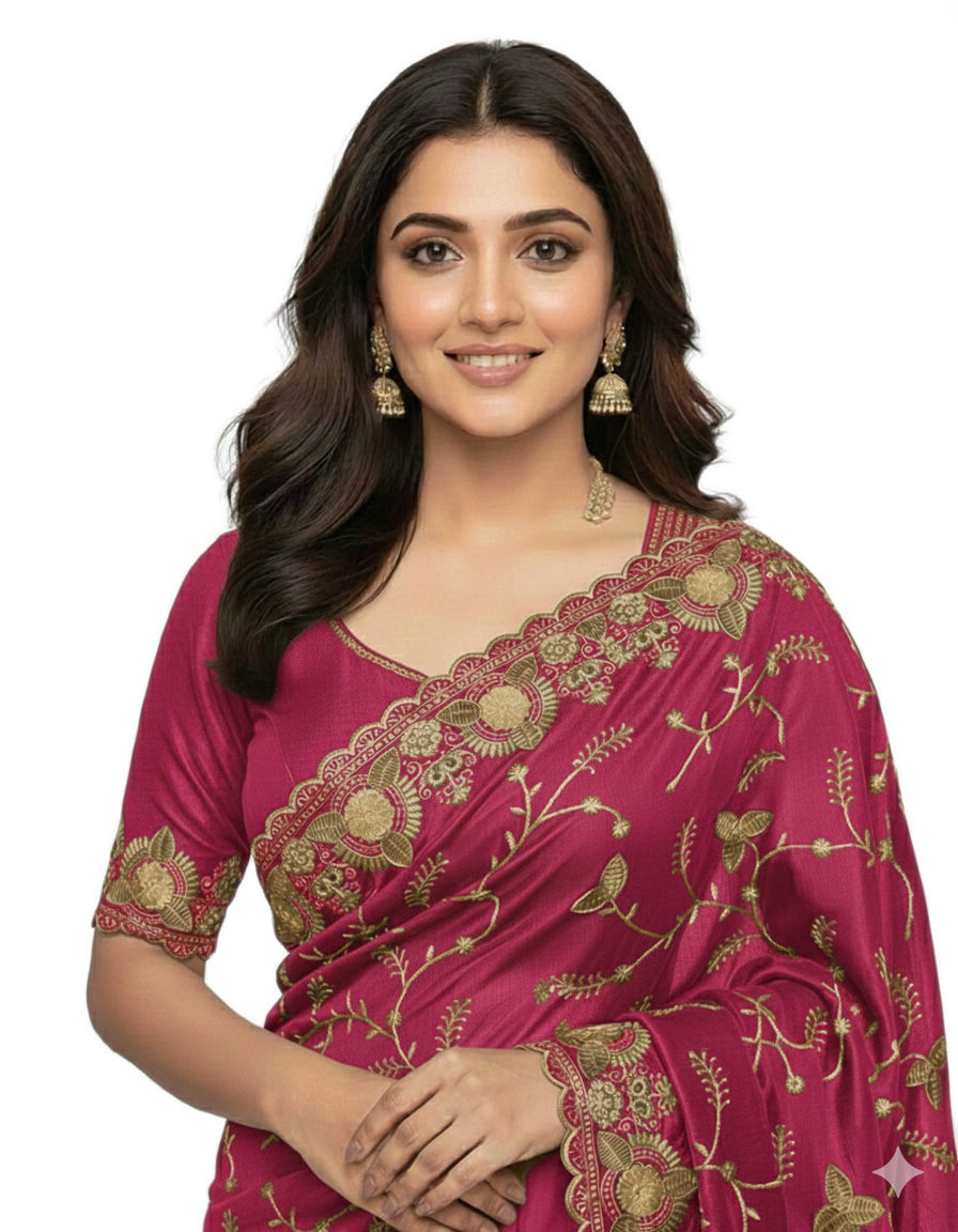 Jwalamukhi Silk Premium Saree in Pink with Gold Zari Border & Floral Design – Elegant Traditional Wear