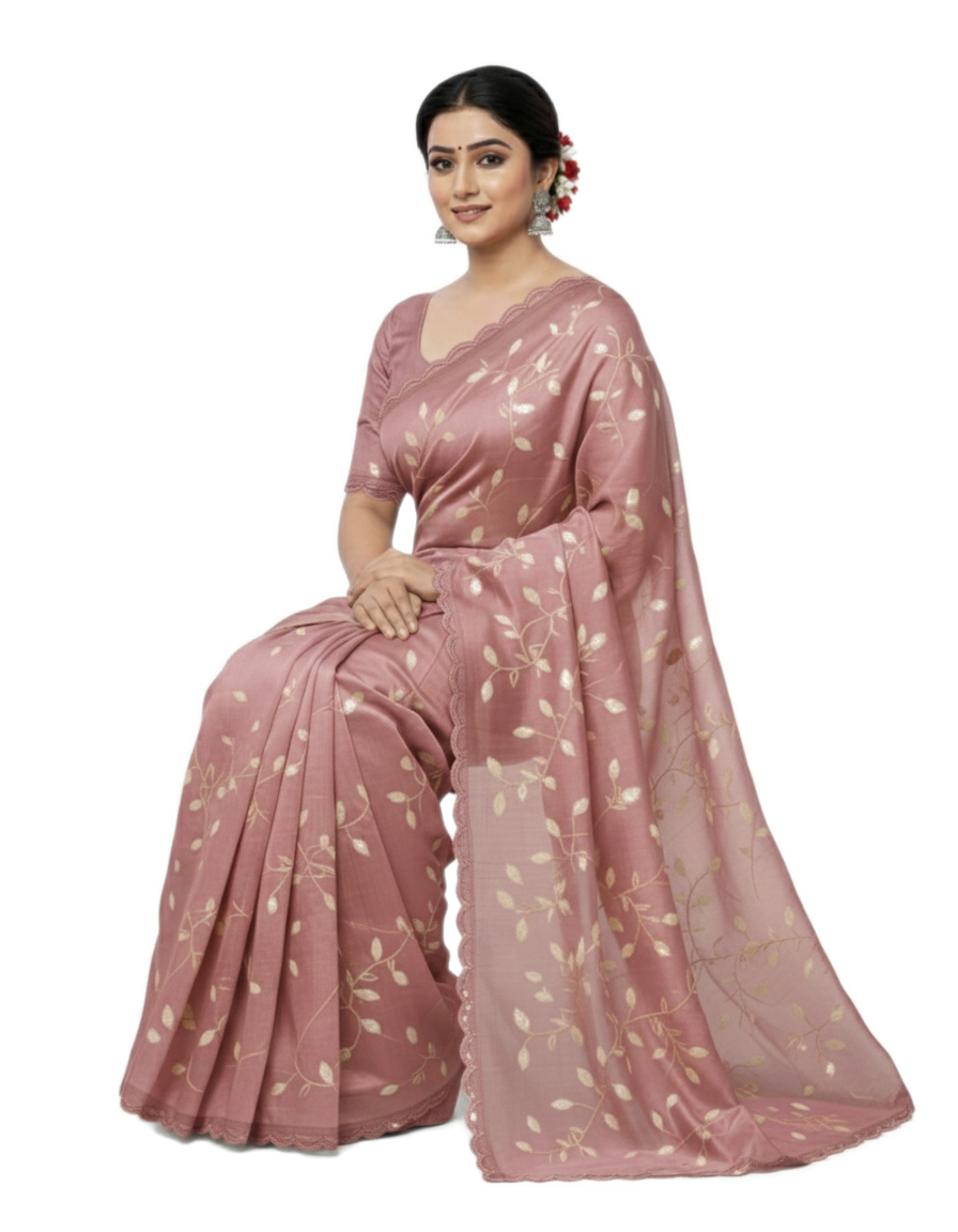 Apsara Silk Premium Saree in Brown with Gold Leaf Motifs & Scalloped Border – Elegant Traditional Wear