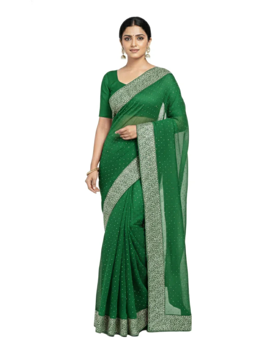 Shub Vivah Silk Premium Saree in Green with Silver Embroidery – Elegant Wedding Wear