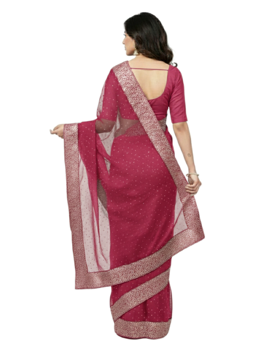 Shub Vivah Silk Premium Saree in Ruby Pink with Silver Embroidery – Elegant Wedding Wear