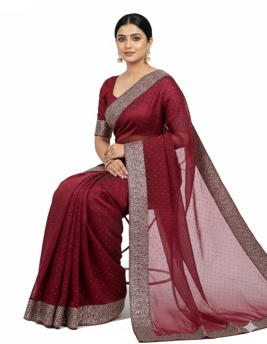 Shub Vivah Silk Premium Saree in Maroon with Silver Embroidery – Elegant Wedding Wear
