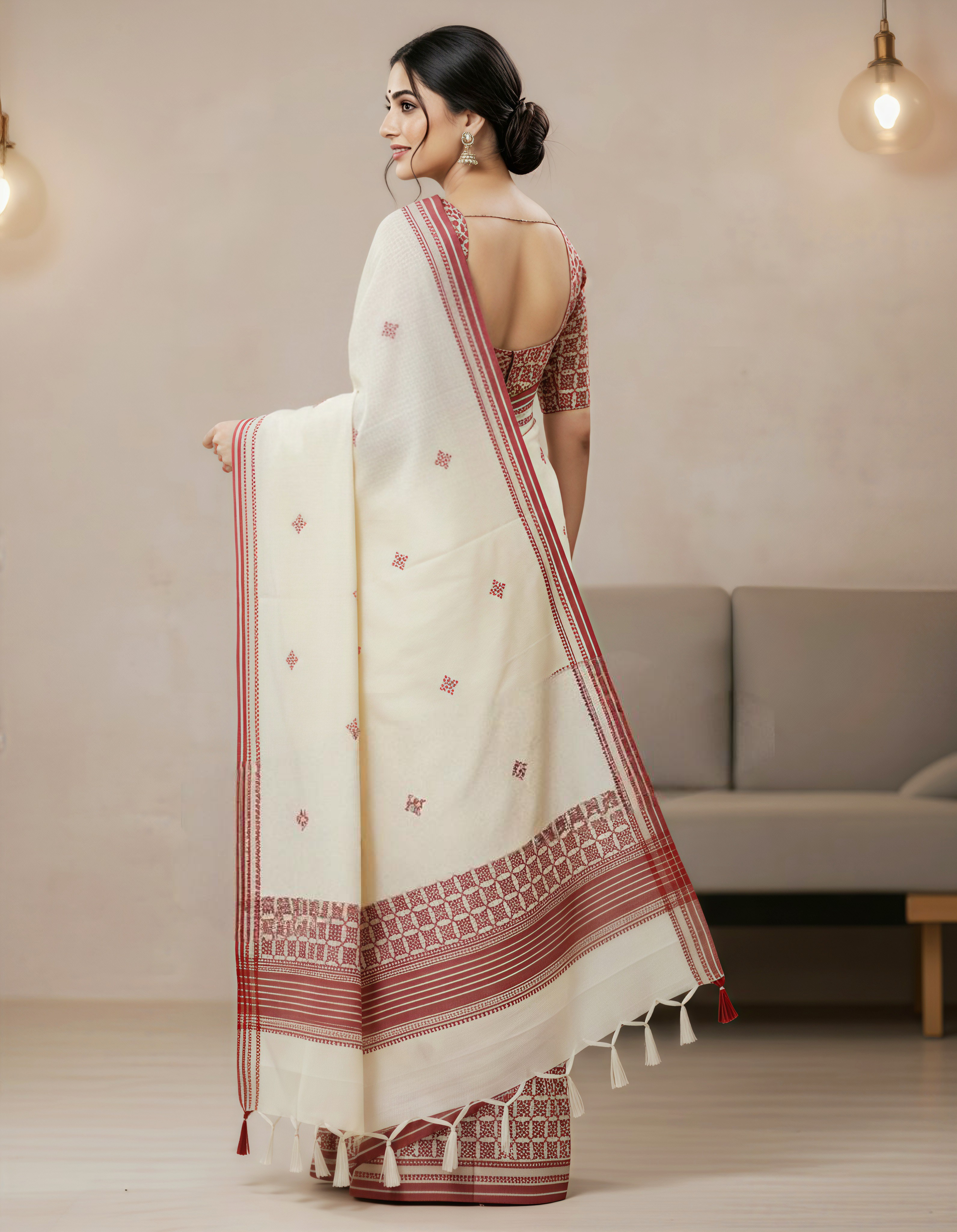 Barfi Pennal Exclusive Fancy Saree with Blouse – Elegant Cream & Maroon Designer Wear