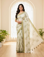 Cream Roll Exclusive Fancy Saree with Blouse – White & Green Floral Elegance