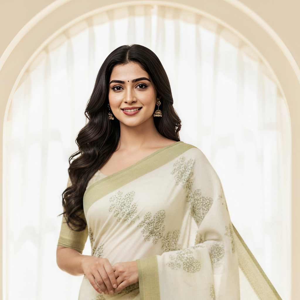 Cream Roll Exclusive Fancy Saree with Blouse – White & Green Floral Elegance