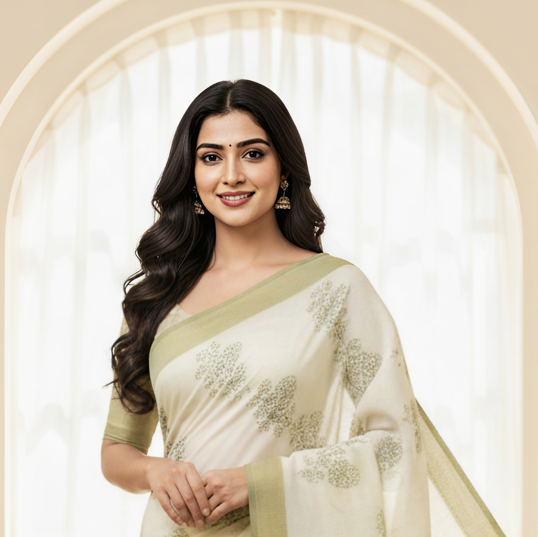 Cream Roll Exclusive Fancy Saree with Blouse – White & Green Floral Elegance