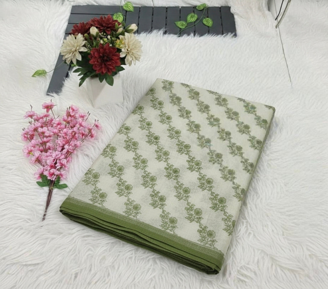 Cream Roll Exclusive Fancy Saree with Blouse – White & Green Floral Elegance