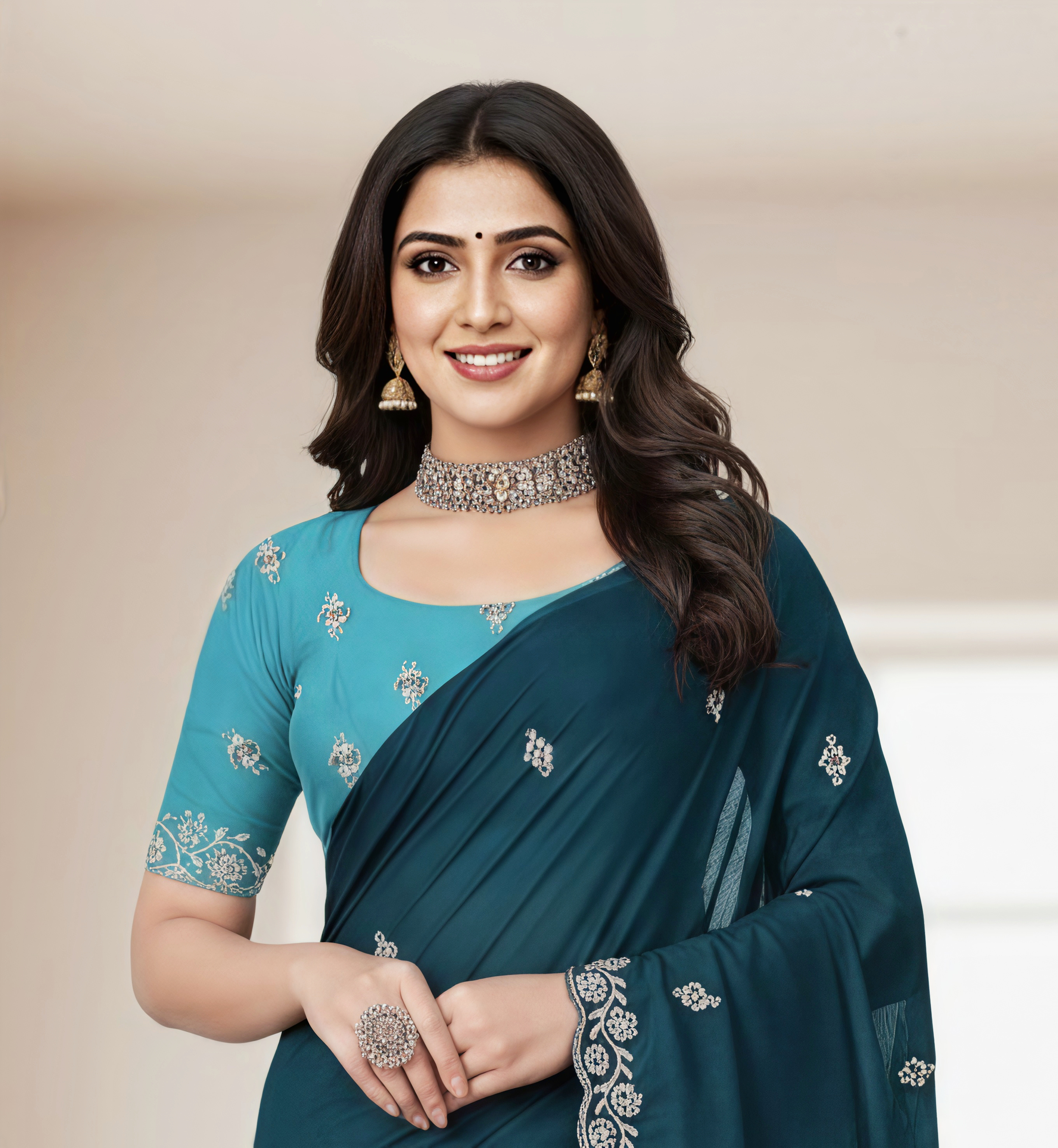 Princess Teal Fancy Party Wear Saree with Blouse – Party and Wedding Wear