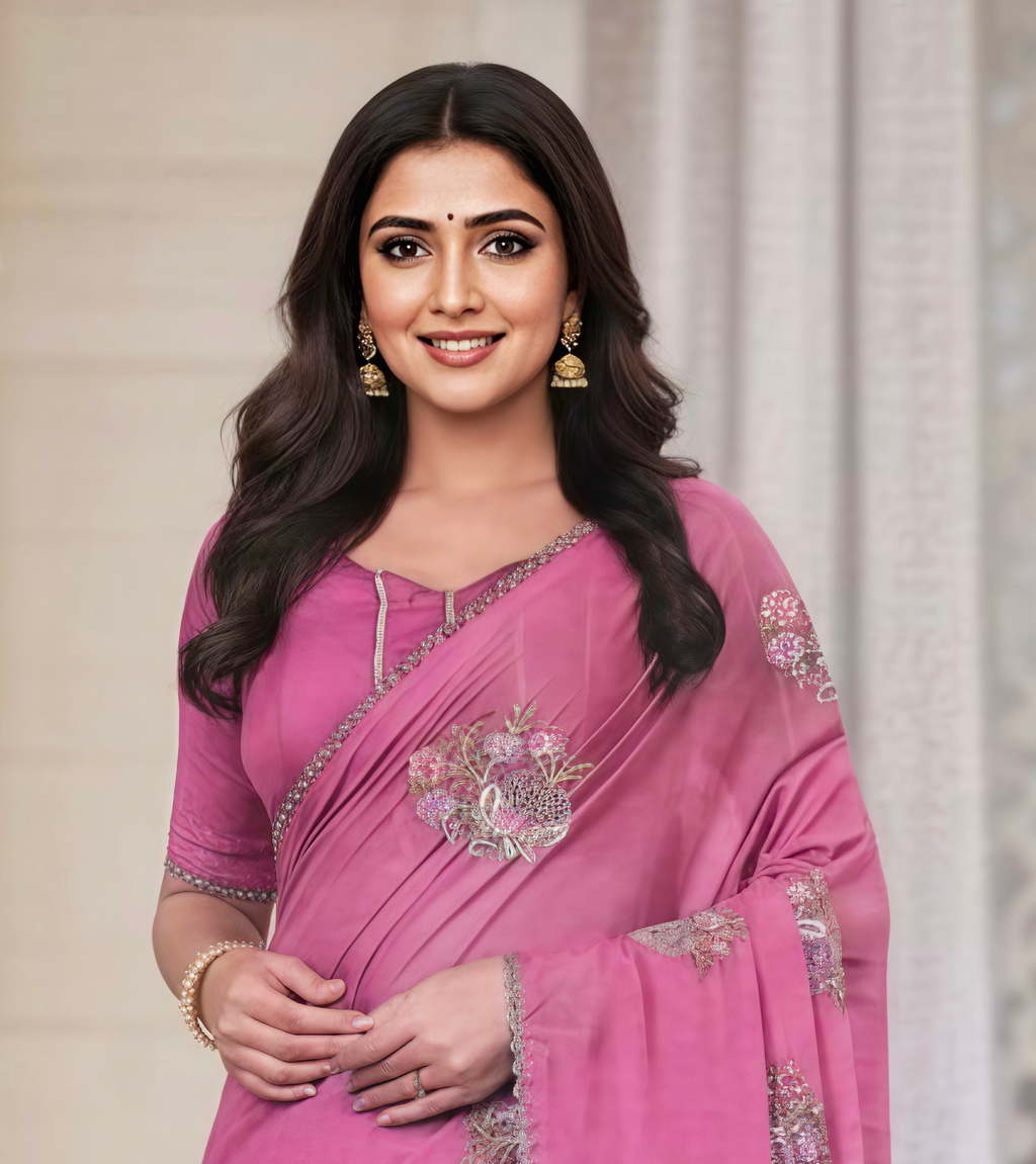 Sarika Pink Fancy Party Wear Saree with Blouse – Ethnic Glamour in Multicolor Embroidery