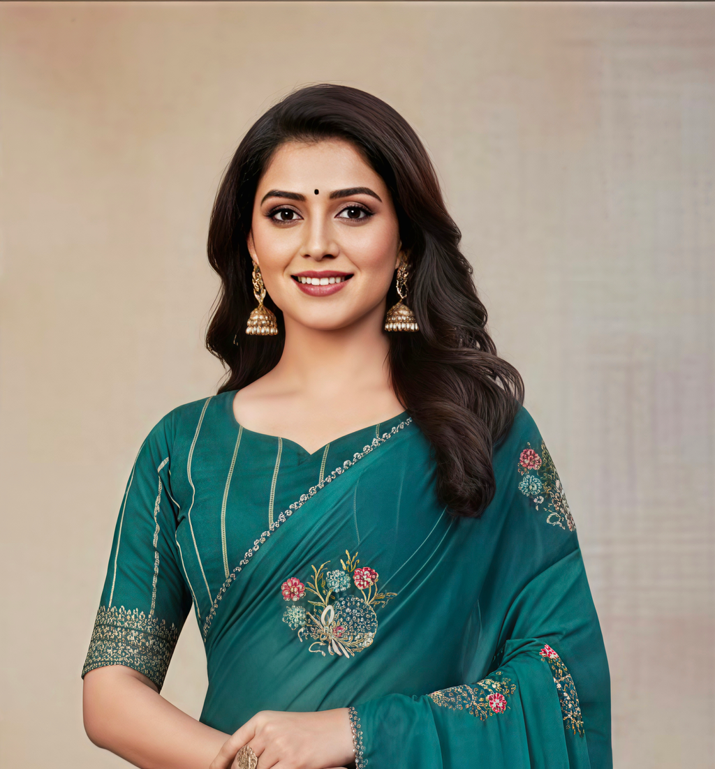 Sarika Mint Green Fancy Party Wear Saree with Blouse – Ethnic Glamour in Multicolor Embroidery