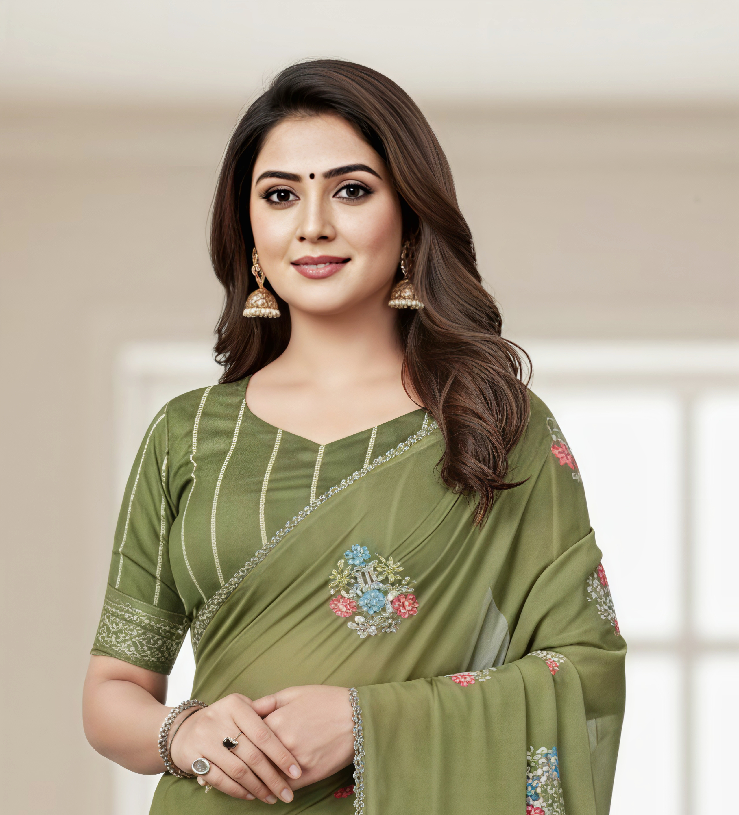 Sarika Green Fancy Party Wear Saree with Blouse – Ethnic Glamour in Multicolor Embroidery