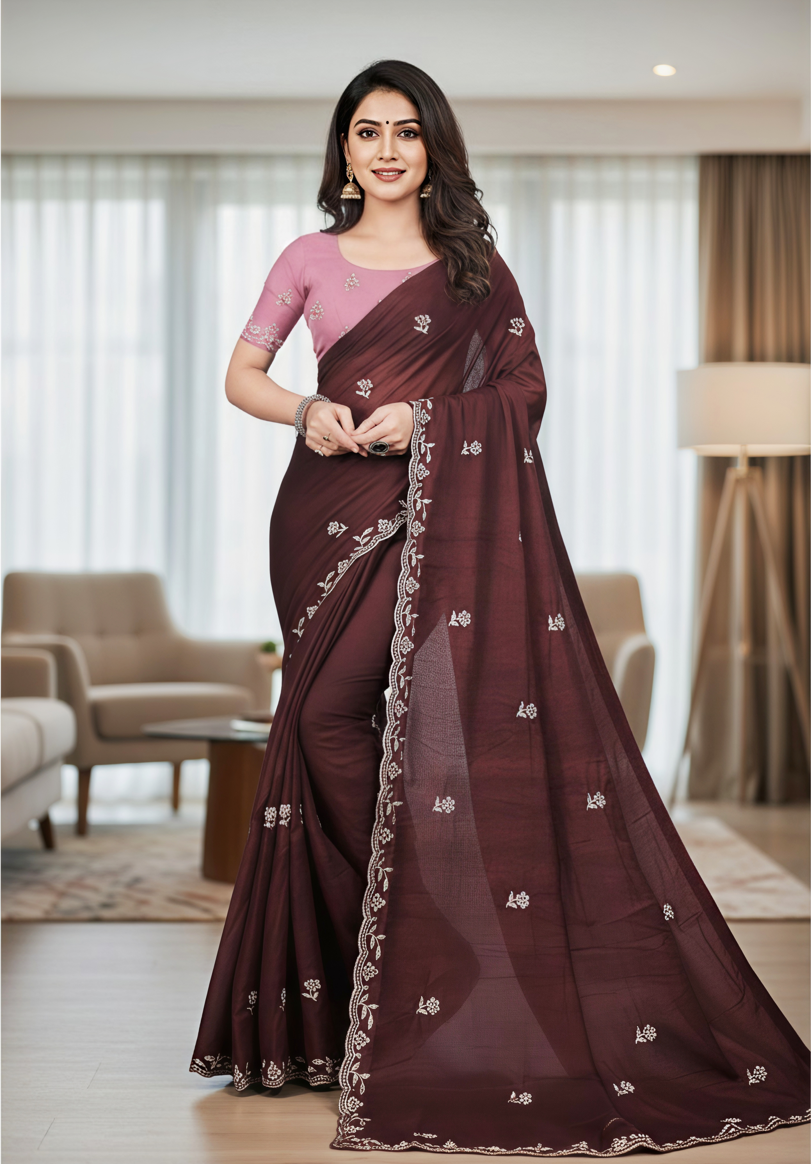 Princess Maroon Fancy Party Wear Saree with Blouse – Party and Wedding Wear