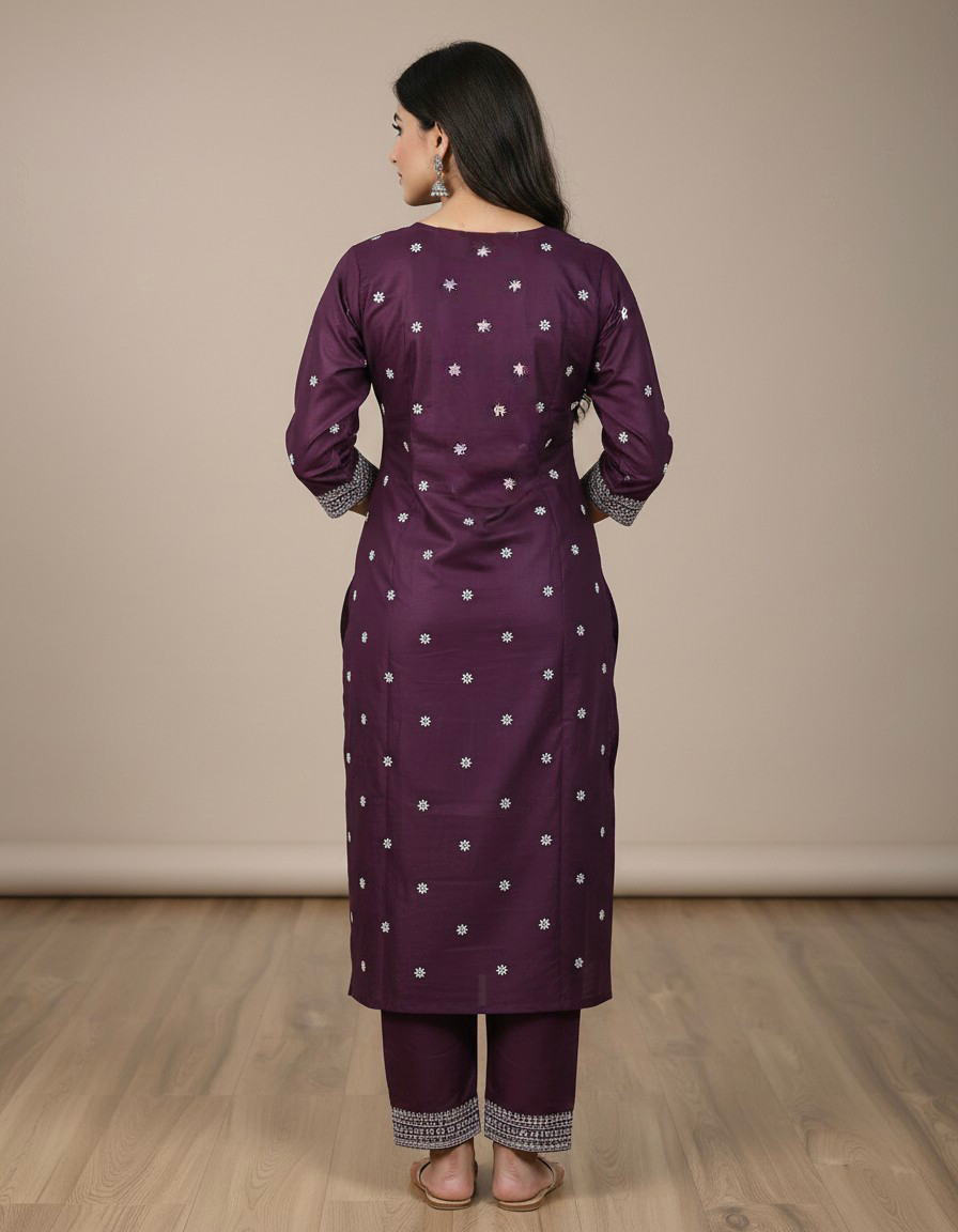 Chandrika Purple Embroidered Cotton Kurta & Pant Set – Comfortable Daily Wear for Women