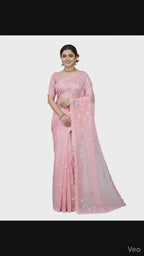 Apsara Silk Premium Saree in Light Pink with Gold Leaf Motifs & Scalloped Border – Elegant Traditional Wear