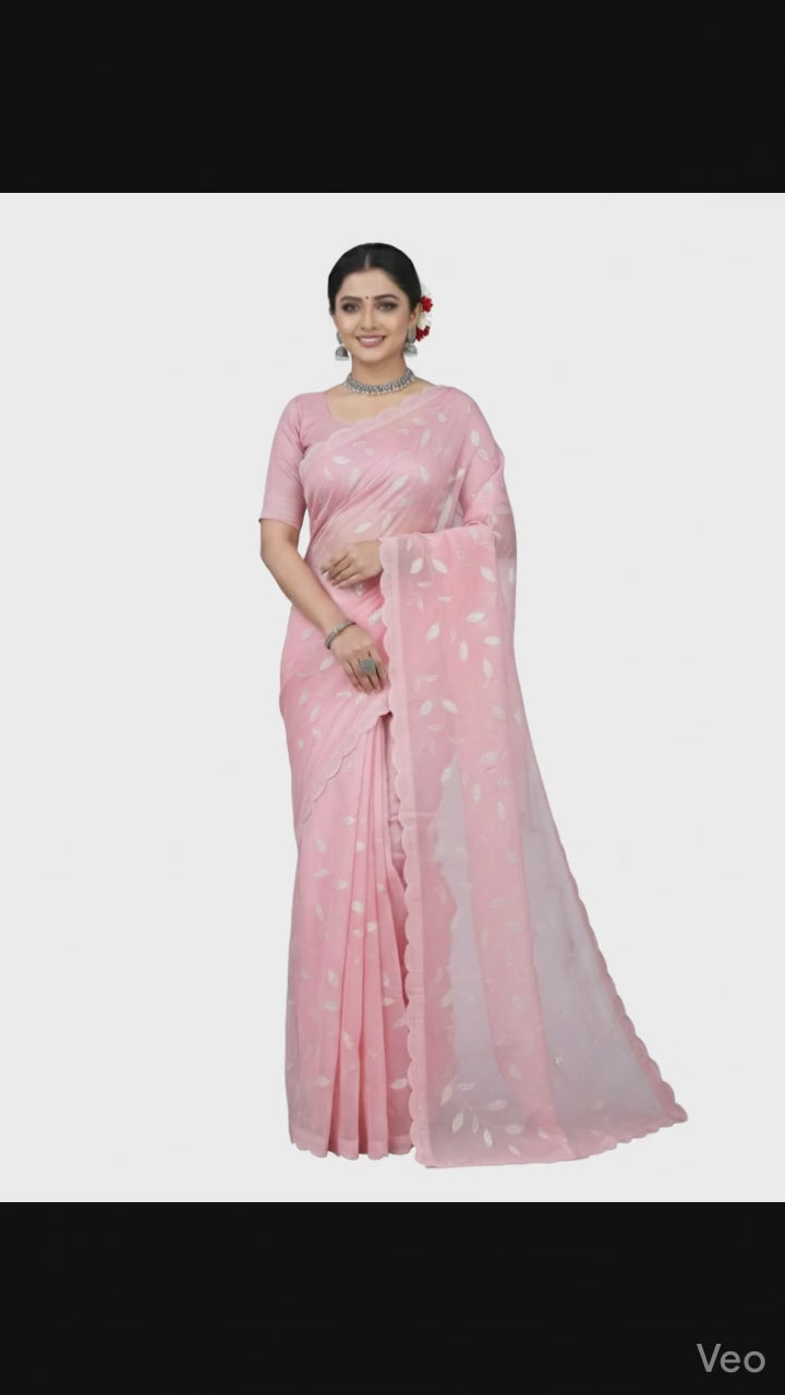 Apsara Silk Premium Saree in Light Pink with Gold Leaf Motifs & Scalloped Border – Elegant Traditional Wear