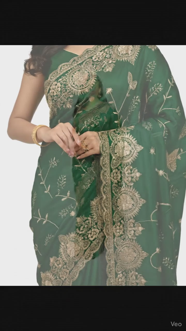 Jwalamukhi Silk Premium Saree in Green with Gold Zari Border & Floral Design – Elegant Traditional Wear