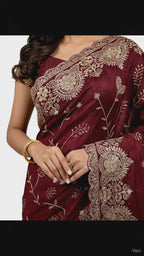 Jwalamukhi Silk Premium Saree in Maroon with Gold Zari Border & Floral Design – Elegant Traditional Wear