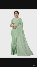 Apsara Silk Premium Saree in Mint Green with Gold Leaf Motifs & Scalloped Border – Elegant Traditional Wear